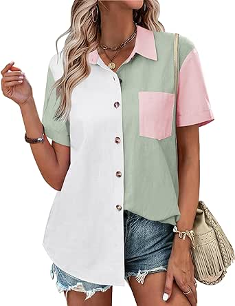 Zeagoo Womens Button Down Shirts Color Block Short Sleeve Cotton Linen Summer Causal Blouses Tops