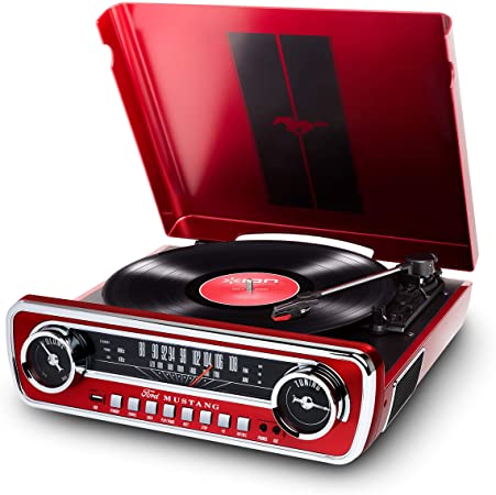 ION Mustang LP – 4-in-1 Vinyl Record Player/Turntable with Built in Speakers, Plus a Radio, USB Playback and Aux Input – Vibrant Red Finish (MUSTANGLPRED)