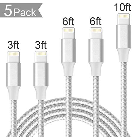 ONSON Phone Cable 5Pack 2×3FT 2×6FT 10FT Nylon Braided Charger Cable USB Cord Charging Charger Compatible iPhone 8, X, 7, 7 Plus, 6, 6s, 6 Plus, 5s, 5c, 5, SE, iPad, iPod Nano-Sliver