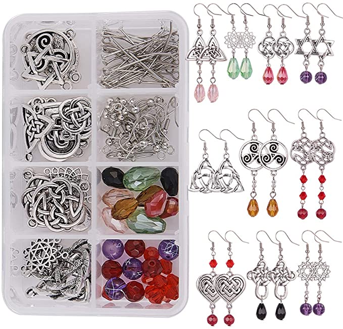 SUNNYCLUE 1 Box DIY 10 Pairs Celtic Knot Dangle Earring Making Kit Celtic Knot Connect Charms Findings Irish Wiccan Flower Star Triangle Heart Love with Beads Earring Hooks Instruction for Beginners