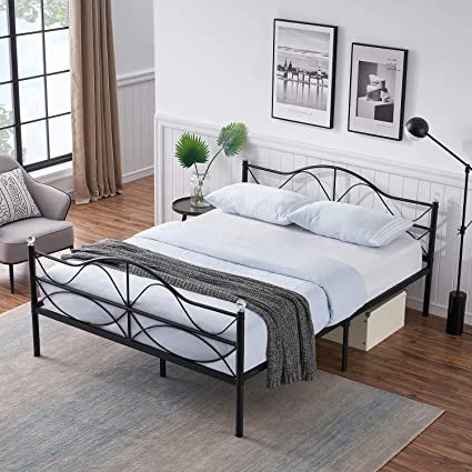 VECELO Queen Size Metal Platform Bed Frame /Mattress Foundation/ No Box Spring Needed with Headboard and Deluxe Crystal Ball