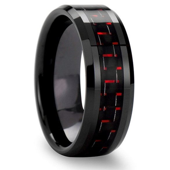 King Will Mens 8mm Tungsten Ring Black and Red Carbon Fiber Inlay Engagement Wedding Band