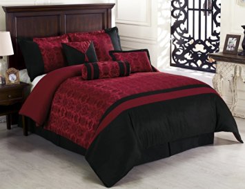 Chezmoi Collection Dynasty Jacquard 7-Piece Comforter Set, California King, Black/Red