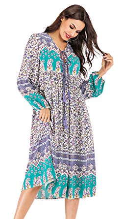 R.Vivimos Women's Long Sleeve Floral Print Retro V Neck Tassel Bohemian Midi Dresses