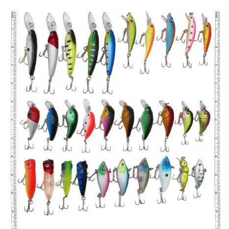 LotFancy 30 PCS of Fishing Lures Crankbaits Hooks Minnow Baits Tackle, Length From 1.57 to 3.66 Inches