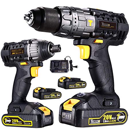 Cordless Impact Driver 1500In-lbs Max & Impact Drill/Driver 530In-lbs Max 20V Combo Kit with 2 pcs 2.0Ah Lithium-Ion Batteries, 30-Minute Quick Charger, 29pcs Accessories - TECCPO TDCK01P
