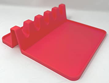 Silicone Spoon Rest Holder for Stove Top, Silicon Utensil Rests for Kitchen Countertop, Large Heat Resistant Spatula Spoon Reat for Cooking with 5 Slots with Drip Pad BBQ Utensil Holder (Red)