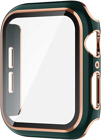 AVIDDA Case Compatible Apple Watch 40mm Built-in Tempered Glass Screen Protector, Rose Gold Edge Green Bumper Full Coverage HD Clear Protective Film Cover for Women Men iWatch 40mm Series 6/5/4/se