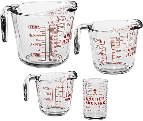Anchor Hocking Glass Measuring Cups, 4 Piece Set - 5 oz, 1-Cup, 2-Cup, 4-Cup