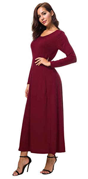 Urban CoCo Women's Round Neck Long Sleeve Dress Slim Fit Swing Long Dress