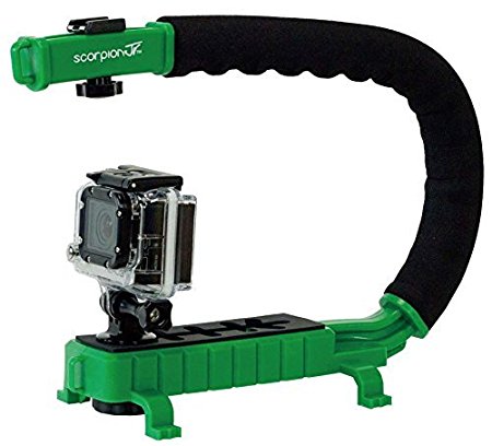 Cam Caddie Scorpion Jr Stabilizing Camera Handle for DSLR and GoPro Action Cameras - Professional Handheld U/C-Shaped Grip with Integrated Accessory Shoe Mount for Microphone or LED Video Light - Includes: Smartphone / GoPro Adapters and 1/4-20 Threaded Mounting Knob - Green