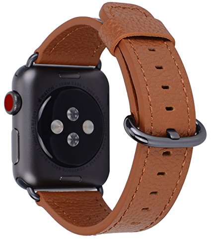 Apple Watch Band 42mm Men Women - PEAK ZHANG Light Brown Genuine Leather Replacement Wrist Strap with Space Grey Adapter and Buckle for Iwatch Series 3,Series 2,Series 1,Sport,Edition
