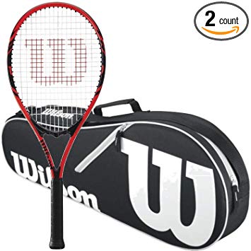 Wilson Federer Black/Red Adult Pre-Strung Recreational Tennis Racquet (Oversize or Midplus) Starter Kit or Set Bundled with a Black/White Advantage II Tennis Racket Bag
