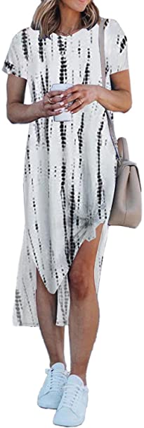 Alaster Women’s Casual T-Shirt Midi Dress Short Sleeve Summer High Splits Dress with Pocket High Low Solid Midi Dress