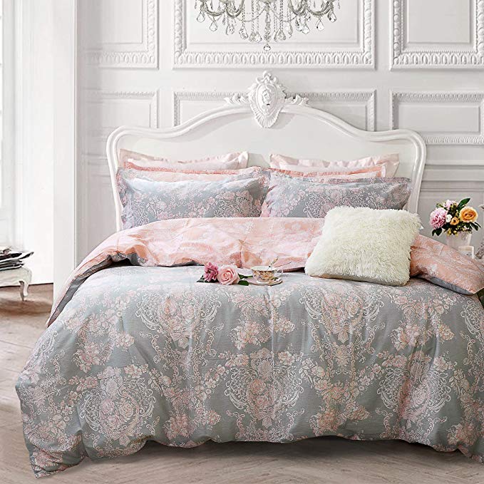 Brandream Blush Pink Girls Bedding Set 100% Cotton Damask Floral Bedding Zipper Duvet Cover Set Twin/Twin XL