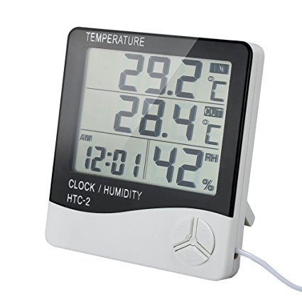 VADIV Digital Indoor Outdoor Thermometer and Hygrometer, TH01-WT Temperature Humidity Monitor with LCD Screen Alarm Clock, 3m Probe Cord for Bedroom Office