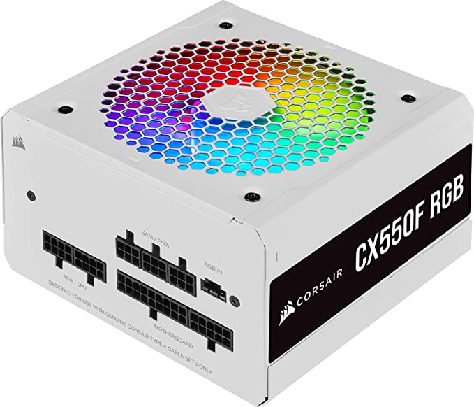 Corsair CX550F RGB, 80 PLUS Bronze Fully Modular ATX Power Supply (80 PLUS Bronze Certified, 120 mm RGB Fan, Optimised for Low Noise, 105°C Japanese Capacitors, Compact 140 mm Long Casing) White