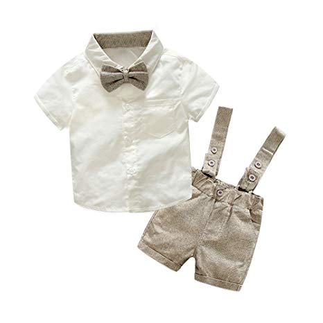 Tem Doger Baby Boys Cotton Gentleman Bowtie Short Sleeve Shirt Overalls Shorts Outfits Set