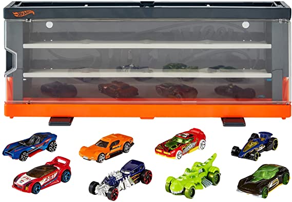 Hot Wheels Interactive Display Case with 8 1:64 Scale Hot Wheels Cars, Storage for 12 Toy Cars, Connects to Hot Wheels Track, Gift for Collectors & Kids 4 Years & Older