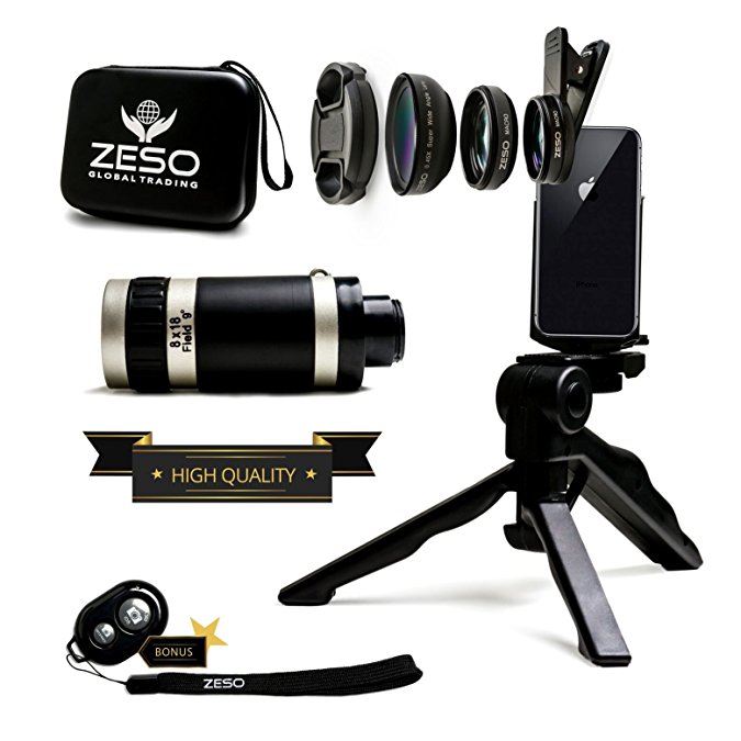 Camera Lens Kit by Zeso | Professional Telephoto, Macro & Wide Angle Lenses | Multi-use tripod And Selfie Remote Control | For iPhone, Samsung Galaxy, iPads, Tablets | Universal Phone Clip & Hard Case