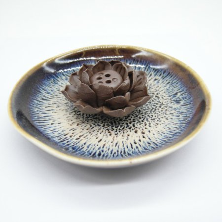 TrendBox Ceramic Handmade Artistic Incense Holder Burner Stick Coil Lotus Ash Catcher Buddhist Water Lily Plate - Three Holes Transmutation Glaze