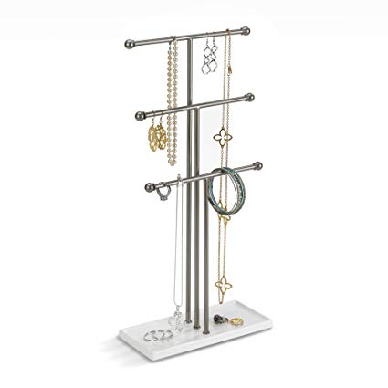 Umbra Trigem Hanging Jewelry Organizer – 3 Tier Extra Tall Tabletop Necklace Holder and Jewelry Display Stand Tree with Ring Tray to Organize Necklaces, Bracelets, Earrings, Rings and Watches, Nickel