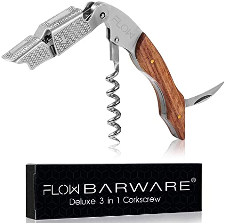 Flow 3 in 1 Waiter's Friend Corkscrew, Wine Bottle Opener, Foil Cutter Rosewood Handle & Stainless Steel Double-Hinged Cork Puller by FLOW Barware