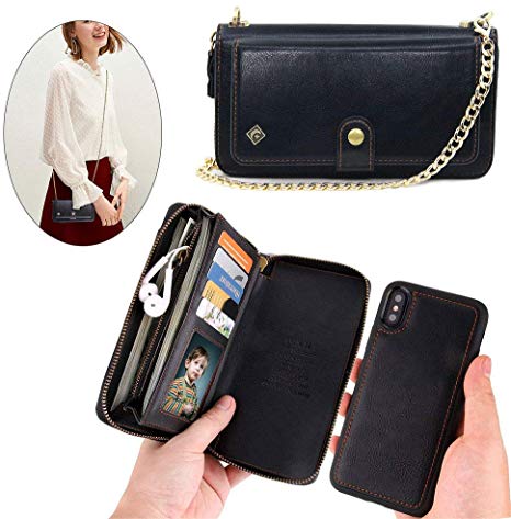 iPhone X Wallet Case,iPhone Xs Wallet Case - JAZ Crossbody Chain Satchel Zipper Purse Detachable Magnetic 14 Card Slots Momey Pocket Clutch Leather Wallet Case for Apple iPhone X/XS Black