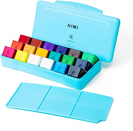 HIMI Gouache Paint Set, 18 Colors x 30ml Unique Jelly Cup Design, Portable Case with Palette for Artists, Students, Gouache Opaque Watercolor Painting (Blue)