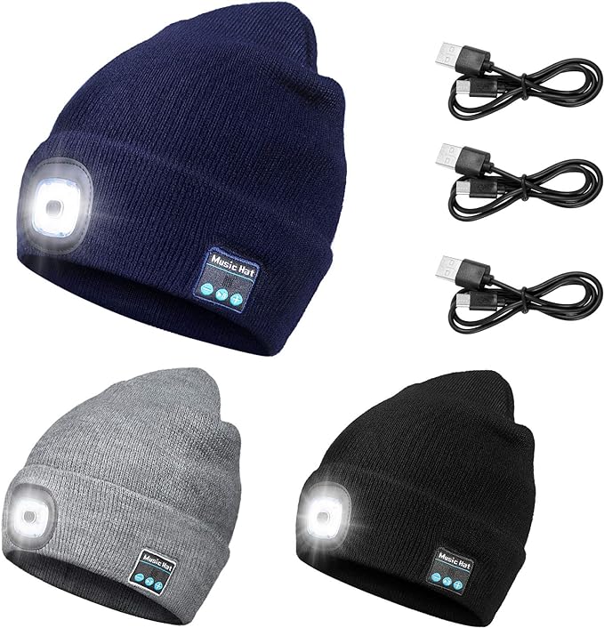 3 Pieces LED Beanies USB Rechargeable Music Winter Hat Wireless Beanie with Headlamp Built-in Microphone and Stereo Speaker Flashlight Hat with USB Cables for Running Cycling Skiing Hiking Camping