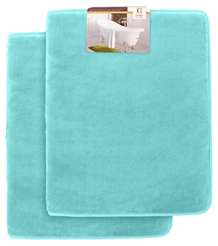 Clara Clark Non Slip Memory Foam Tub-Shower Bath Rug Set, Includes 2 Large Size 20 X 32 inches - Aqua Light Blue