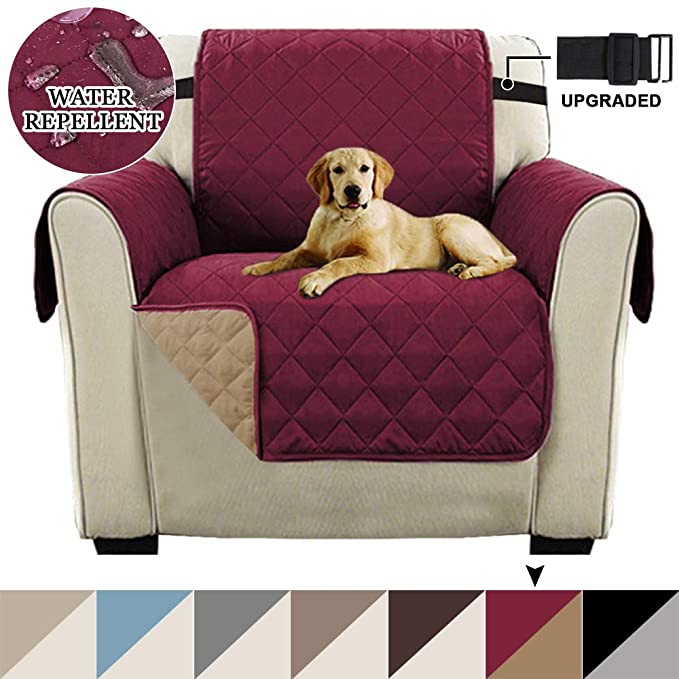Water Repellent Chair Protector Cover for Pets Armchair Covers Sofa Chair Covers Slipcover, Reversible Quilted Chair Furniture Protector with Non Slip Strap, Seat Width Up to 21"(Chair, Burgundy/Tan)