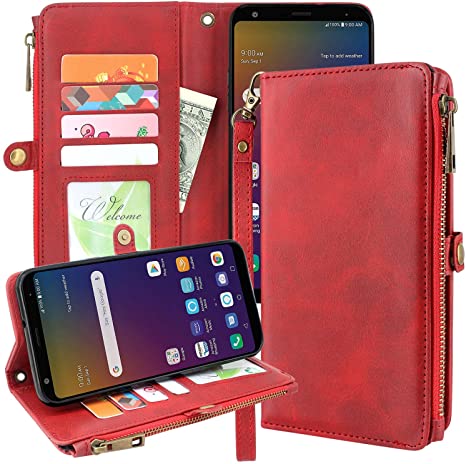 Linkertech LG K20 V Case, LG K20 Plus Case, LG Harmony Case, Premium Leather Flip Zipper Wallet Case Cover with Card Holder & Wrist Strap for LG Grace/LG K10 2017 / LG V5 (Zipper Red)