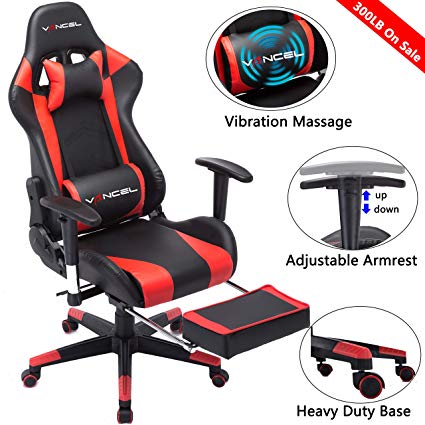 Gaming Chair Office Desk Chair High Back Computer Chair Ergonomic Adjustable Racing Chair Executive PC Chair with Headrest,Massager Lumbar Support & Retractible Footrest (Red)