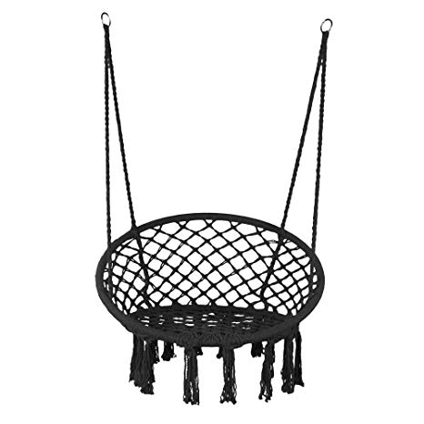 LAZZO Hammock Chair Hanging Knitted Mesh Cotton Rope Macrame Swing, 260 Pounds Capacity, 23.6" Seat Width,for Bedroom, Outdoors, Garden, Patio, Yard. Child, Girl, Adult (Black)