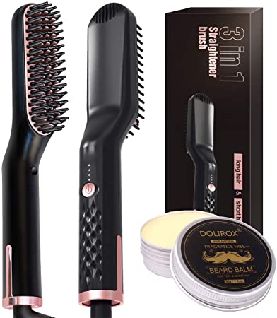 Beard Straightener, Hair Straightener Brush,Quick Electric Heated Beard Hair Brush Comb with FREE Beard Balm,Great Gifts for Men Women (Black A)