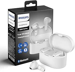 PHILIPS True Wireless Earbuds, TWS Bluetooth 5.3 Headphones, 13mm Drivers, AI Mic for Clear Calls, IPX4 Waterproof, 15 Hours Playtime, Compatible w/iPhone Android & Bluetooth Devices, TAT1138 White