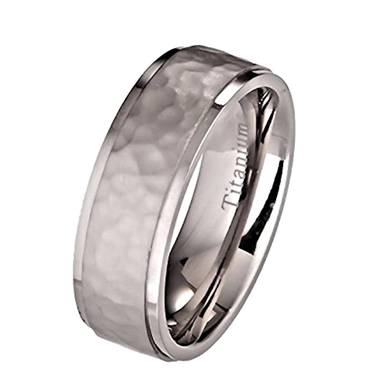 7mm Hammered Titanium Wedding Ring Recessed Edges Comfort Fit Band