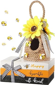 4 Pieces Bee Hive Decor, Bee Tiered Tray Decor, Sunflower Jute Bee Hive Decorations with 3 Pcs Wood Book Decor Honey Combs for Home Coffee Table Bookshelf Farmhouse Kitchen Summer Spring Decor