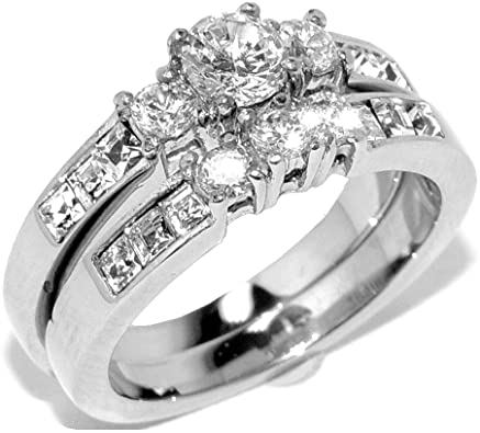 Lanyjewelry Three-Stone Type Brilliant CZ Stainless Steel Wedding Ring Set