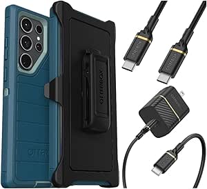 OtterBox Galaxy S23 Ultra (Only) Bundle: - Defender Series Case - Manoeuvre (Blue) - Holster Clip Included - Microbial Defense Protection - USB-C to USB-C Wall Charging Kit, 20W.