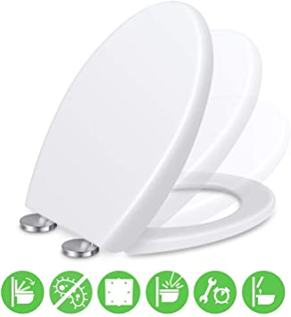 Soft Close Toilet Seat with Quick Release, PP Material Anti-Bacterial Toilet Seats White with Adjustable Stainless Hinges, Easy to Clean, O Shape Toilet Lid Loo Seat with Stainless Steel Attachment
