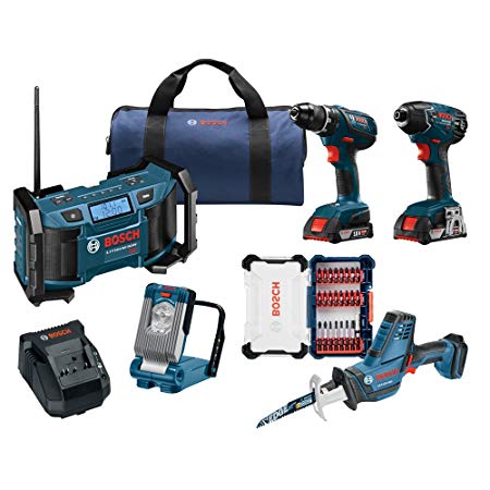 Bosch Combo Kit with Drill, Impact Driver, Reciprocating Saw, LED Light, SlimPack Batteries with AM/FM Radio and Screwdriving Custom Case