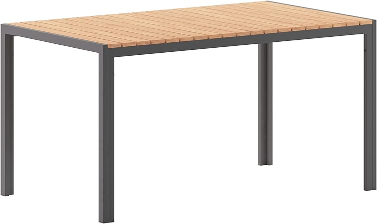Flash Furniture Finch Commercial Grade Outdoor Dining Table 55" x 31" with Faux Teak Poly Slats and Metal Frame, Natural/Gray