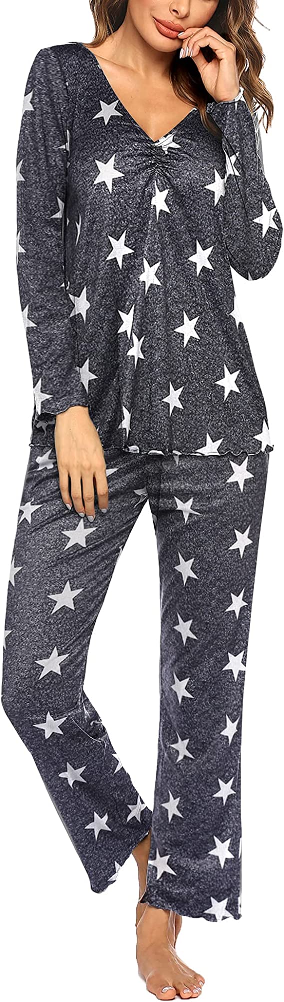 MAXMODA Womens Pyjamas Set Pj Set Long Sleeve Tops and Full Length Pyjama Pants Sleepwear Set
