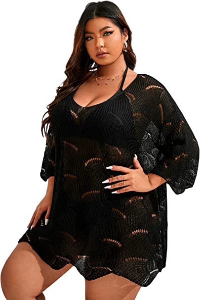 MakeMeChic Women's Plus Size Crochet Swimsuit Cover Up Sheer Beach Dress