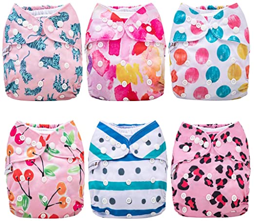 Anmababy Cloth Diapers, 6 Pack Adjustable Size, Waterproof, Washable Pocket Cloth Diaper Cover with 6 Inserts and 1 Wet Bag.