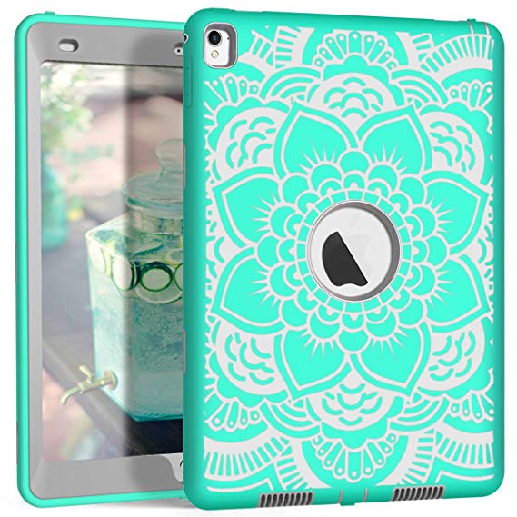 iPad Pro 9.7 Case, A1673/A1674/A1675 iPad Case, Hocase Heavy Duty Shockproof Hybrid Silicone Rubber Hard Protective Case with Cute Floral Pattern for iPad Pro 9.7-inch 2016 - Teal/Grey