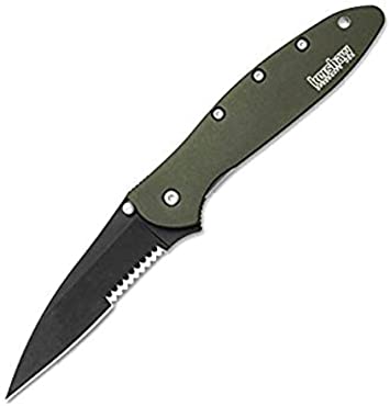 Kershaw Leek Serrated Folding Pocket Knife - Black Wash Blade, Olive - 1660OLBWST