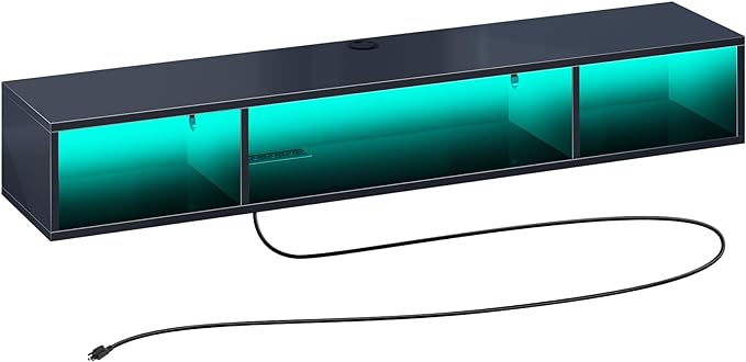 Rolanstar TV Stand with Power Outlet, Floating TV Stand with RGB Lights, 55.1" Wall Mounted TV Shelf, Glossy Black Media Console with Storage Shelf, Entertainment Under TV for Living Room, Bedroom